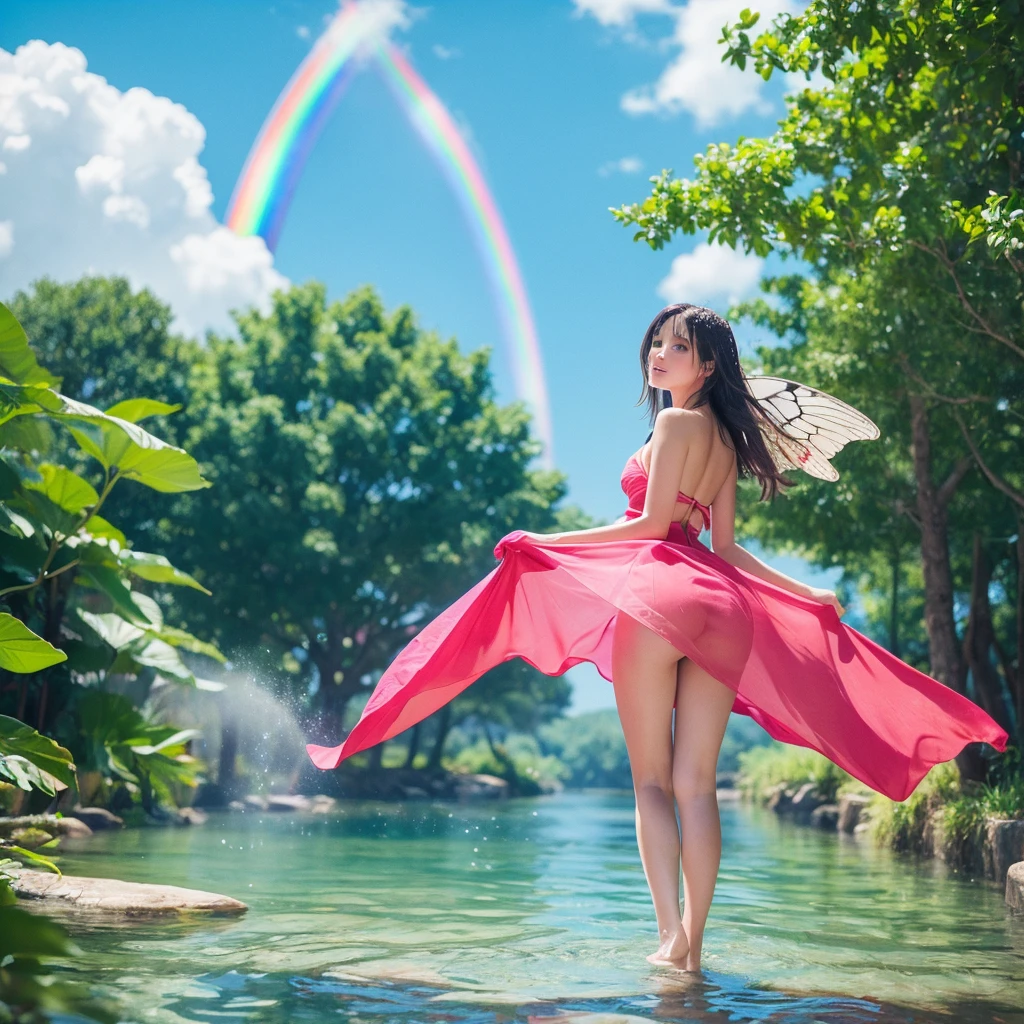 masterpiece, Highest quality, Absurd, figure, watercolor,One girl,Girl with butterfly wings, in water, alone, Long Hair, dress, Skirt Hold, panties, No sleeve, barefoot, Bare shoulders, Are standing, Outdoor, cloud, null, water, water splashes, rainbow,(tight dress:0.5),(green, red, pink, Flower Room) ((rainbow色ホログラフィック衣類:1.3))