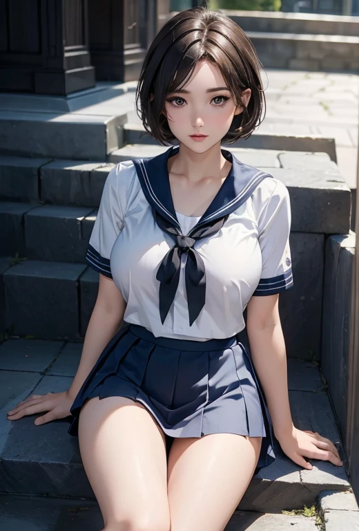 ((best quality, 8K, masterpiece :1.3)), 1. Innocent girl:1.3, (short hair,Sailor Suit,Beautiful breasts :1.2), Super mini skirt, Super detailed face, Beautiful eyes, Double eyelids,whole body,Cute face,(Sitting on the stone steps,Spread your legs,See panties),(Realistic face),(Realistic skin),Agent,Hips forward,Half are Japanese,Half are European,Sexy facial features
