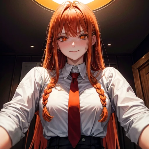 hand (Chainsaw Man), Highest quality, Super detailed, One girl, alone, Are standing, Redhead, Long braided hair, Golden Eyes, bangs, Medium chest, White shirt, tie, stare, smile, (evil:1.2), View your viewers, (interview:1.3), (Dark Background), From below, Crisp contrast , Gorgeous fine details, concentrated , Close-up shot , Orange glowing eyes,Front view Make a set meal