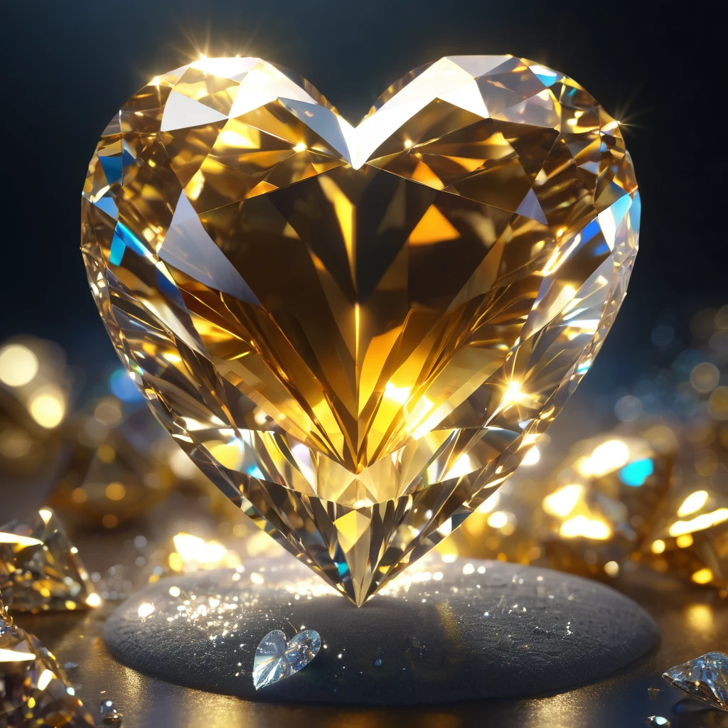 diamond heart, 3D, , hyperrealistic, 8K, photorealistic, masterpiece, cinematic lighting, volumetric lighting, dramatic lighting, vibrant colors, golden hues, glowing, ethereal, mystical, fantasy, digital art