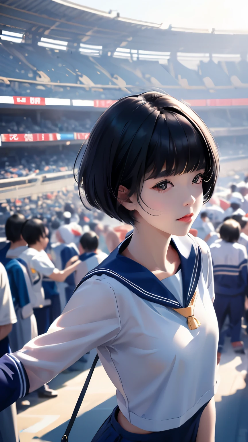 Stadium、Highest quality、Masterpiece、Upper Body、Sailor suit、Black Hair、Bobcut、Raise one hand、Look Up、Asian、18-year-old、woman