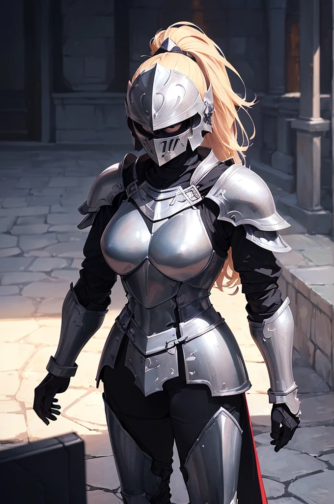 (masterpiece; best quality: 1.2), ((full armored knight woman)), ((solo)), (black eyes: 1.4), (body; toned, strong, femenine: 1.3), (beautiful and clear background: 1.2), ((depth of field)), (equipment: full plate full-black realistic armor + closed helmet with plume ponytail + black cape: 1.3), (anime illustration: 1.2), (background composition; garden exterior + furniture: 1.1), (extremely fine and beautiful: 1.1), (shot composition; standing + centered on torso + close-up: 1.5)