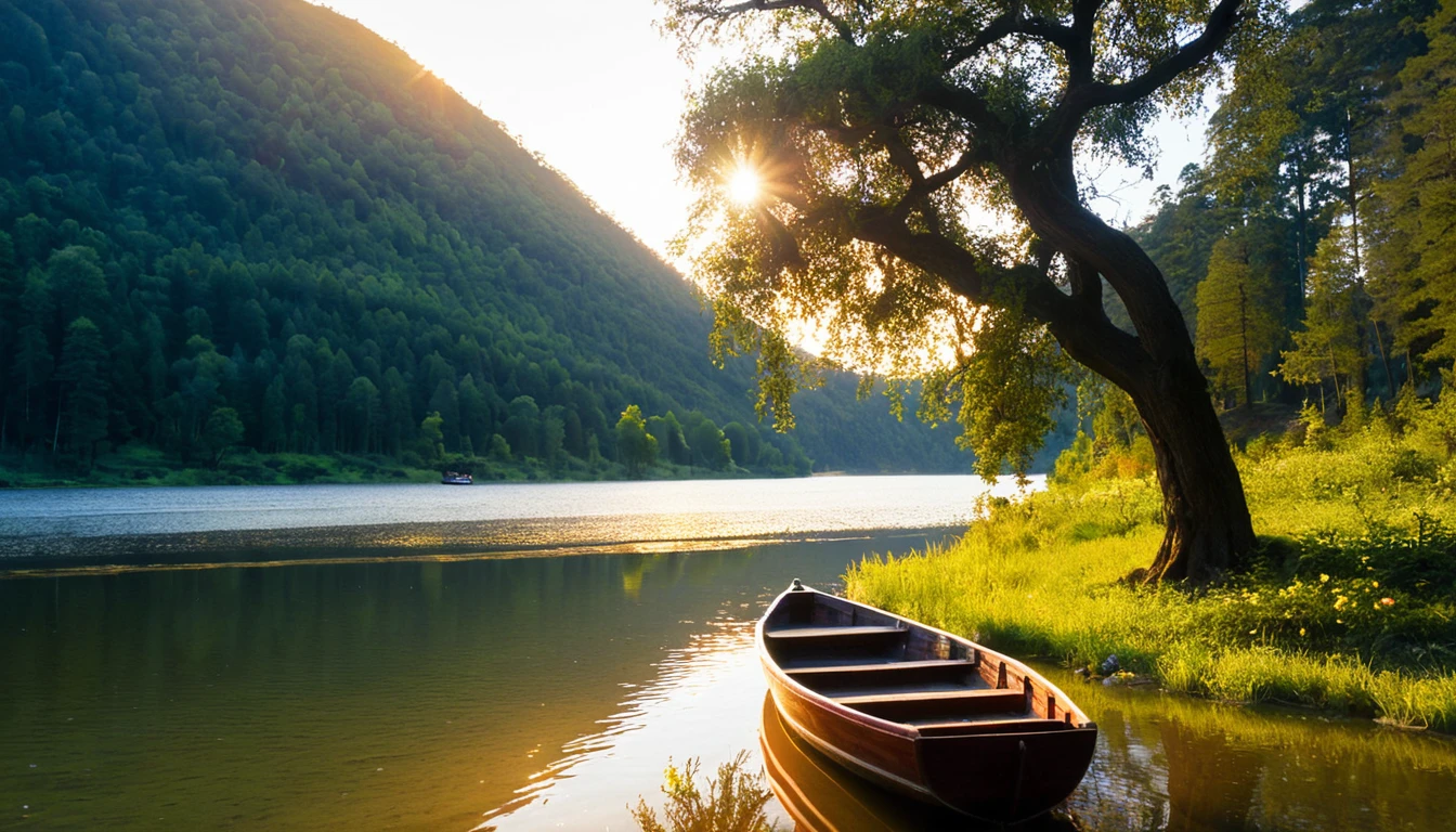 sight, nature, sky, outdoors, water, tree, grass, lake, flower, boat, sunlight, transport mode of transport, reflect, solo, river, female, forest, sunset, sunset, legendary scenery