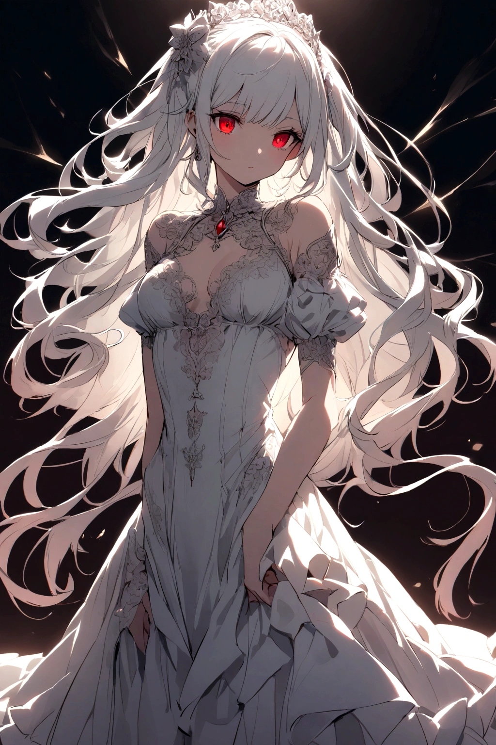 A princess with white hair and red eyes wearing a dress and has medium tits
