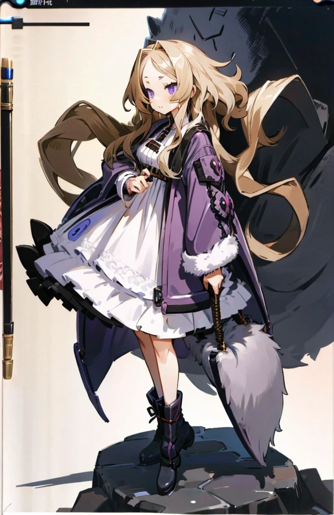 High detailed, 1 girl, wavy hairstyle, dark-blondie hair, detailed eyes, violet eyes, big buson, chunky, adventurer clothes, fluffy skirt, fluffy boots, Grim grin, Full body