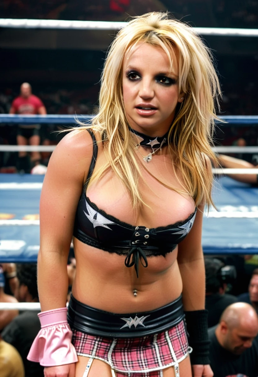 a beautiful young slim punk-rock Britney Spears cries and desperately begs for mercy, exhausted, sweaty, defeated, exhausted, sad, blonde hair, dark eye makeup, pink bra, tiny plaid skirt, collar, wristbands, thong, (fishnet stockings), boots, WWE pro-wrestling ring