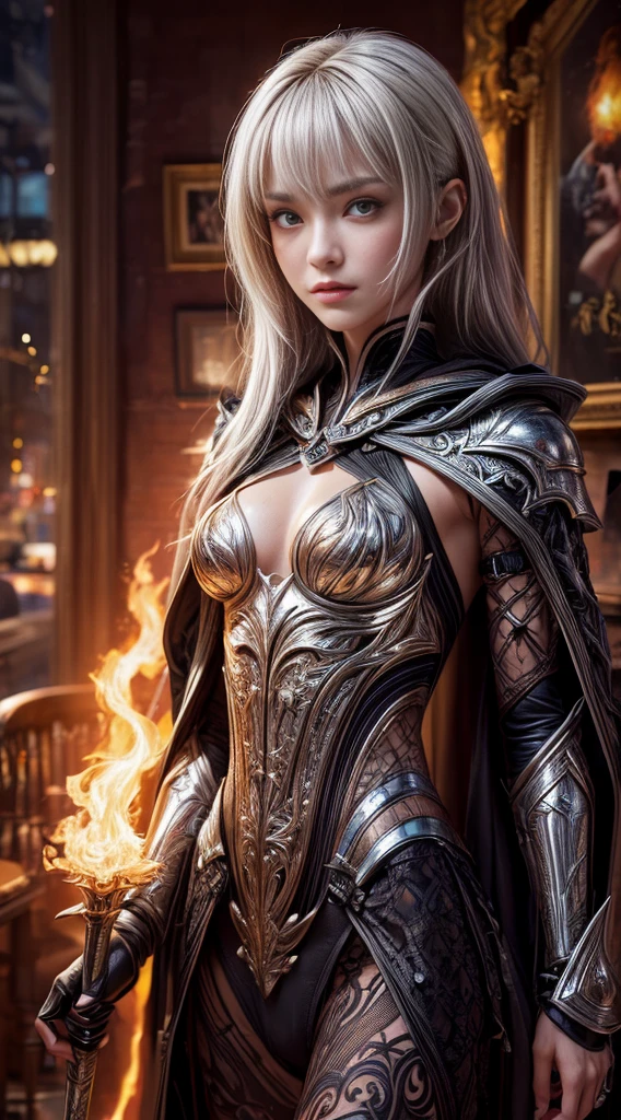 ((Ultra-thin illustration, 8K, Tabletop :1.2, Sharp focus :1.2, Depth of written boundary:1.2)), Beautiful Female Swordsman, Absurd, Highly detailed face and skin texture, Silver Hair, Jet Black Armor, Flame Armor, Cloak on Fire, Flaming Sword, Determination to overcome sadness, There is a sign of determination in your kind eyes , Strong Soul