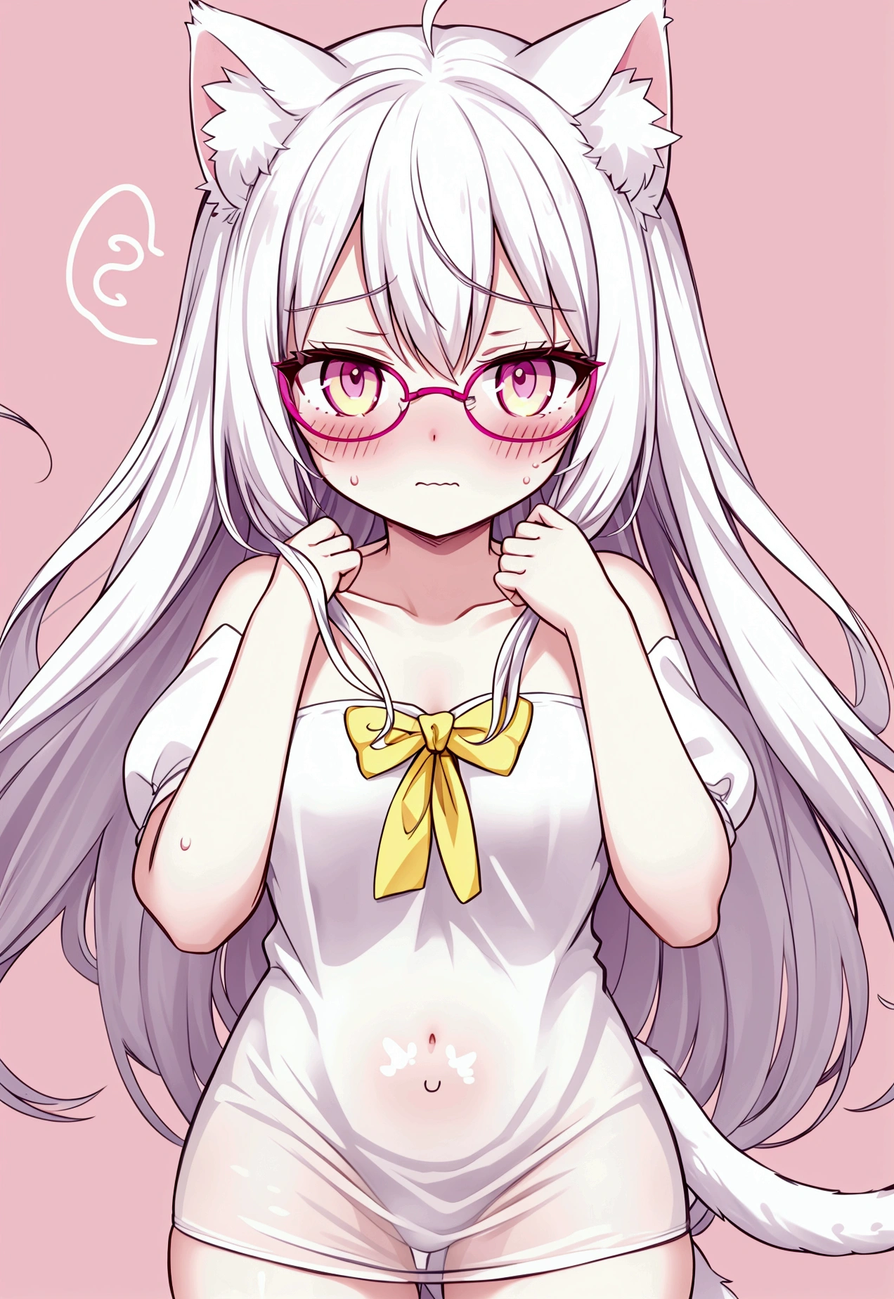 that has a fearful face, white hair, cat ears, yellow glasses and transparent super blushing pink eyes that has a towel around it and is in spaghetti and has a cat tail that is a super fearful girl