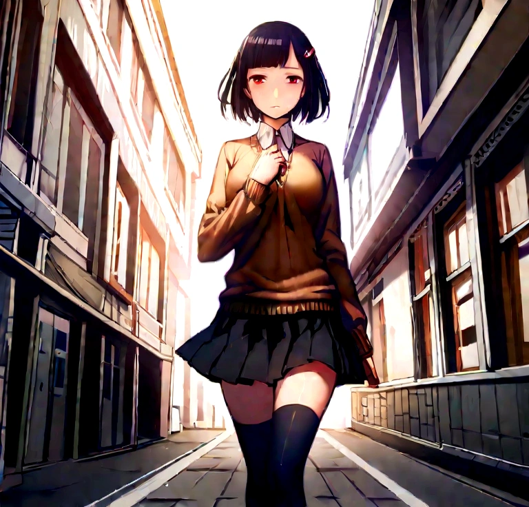 girl, long black hair with bangs, she has a barrette in her hair, Red eyes, slim, big chest, Skirt, black, long stockings mid thigh, shirt and sweater, angelic look