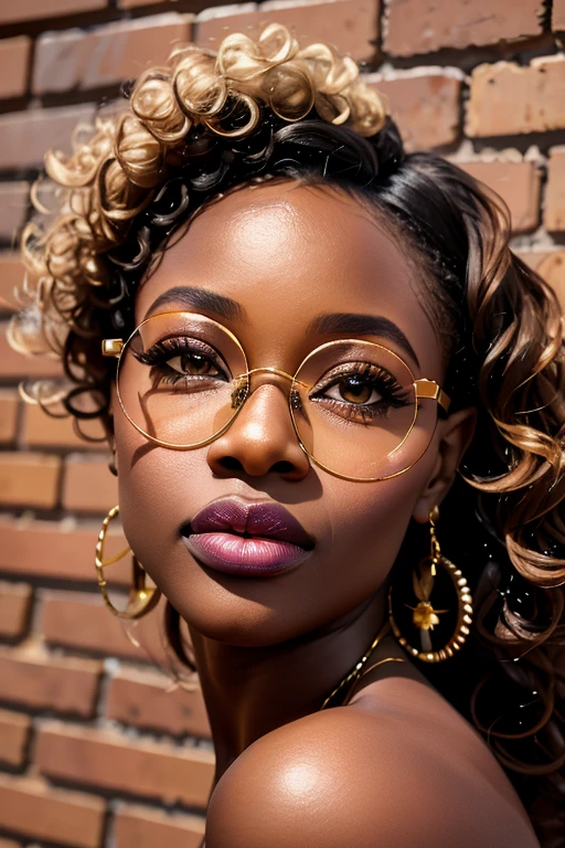 dynamic close-up of the upper part of 1 Black woman, 28 years old, extremely slim and beautiful, perfect body, (well-shaped and delicate face with (piercing gaze)), black skin with highly detailed depth, she is leaning against a brick wall, (long hair, slightly messy and shiny wavy brown hair, hair over the eyes), (detailed, large, bright eyes, light brown eyes, curled eyelashes, large glasses), (sensual pouting with mouth), wearing a short sweater showing shoulders, (she is shining with sweat), ultra realistic image, Perfect Symmetry, vibrant and sharp, dynamic vision, high quality, hyper-realistic and cinematic 32k.