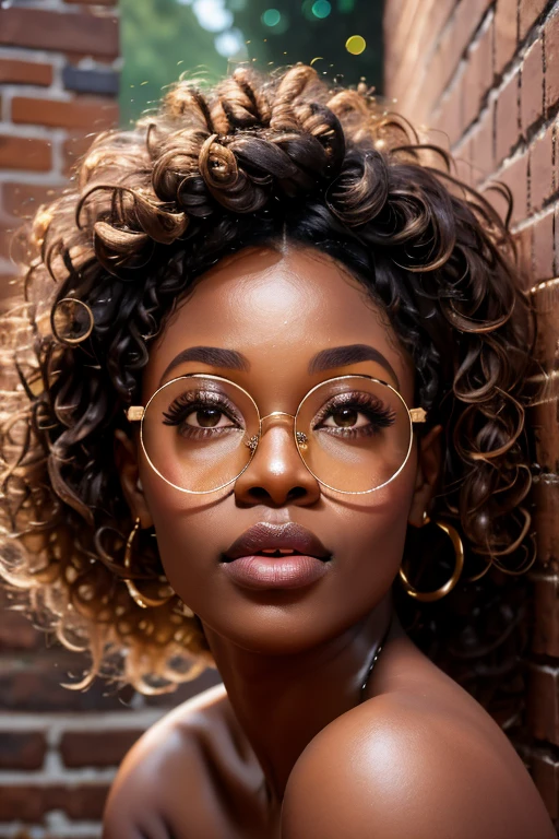 dynamic close-up of the upper part of 1 Black woman, 28 years old, extremely slim and beautiful, perfect body, (well-shaped and delicate face with (piercing gaze)), black skin with highly detailed depth, she is leaning against a brick wall, (long hair, slightly messy and shiny wavy brown hair, hair over the eyes), (detailed, large, bright eyes, light brown eyes, curled eyelashes, large glasses), (sensual pouting with mouth), wearing a short sweater showing shoulders, (she is shining with sweat), ultra realistic image, Perfect Symmetry, vibrant and sharp, dynamic vision, high quality, hyper-realistic and cinematic 32k.