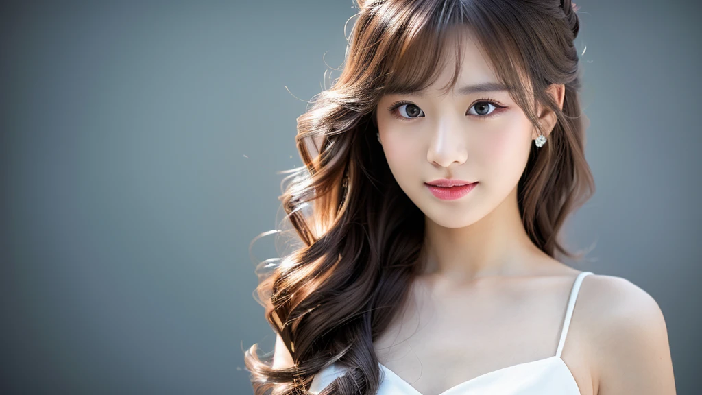(Detailed face),vivid,chest,cute,White formal dress,4K,Ultra-high resolution,(Photorealistic:1.7)Gray background,Long Hair,
