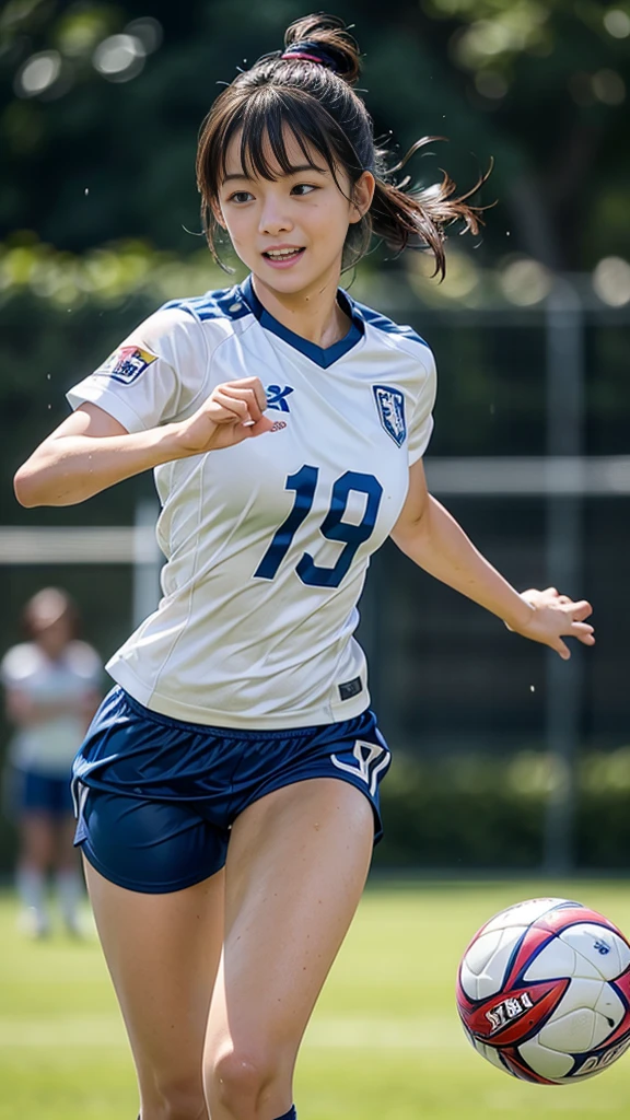 Highest quality, High resolution:1.2, Super detailed, Realistic:1.3, ((Beautiful woman))、Big Breasts、Vibrant colors, play soccer,((blunt bangs))、Has bangs、Wet Hair, Concentration, Splash, Action Shots, Grass blotches, Muddy ground, Wet turf, Decide, Fast-paced games, Athletic physique, Shiny soccer ball, Wet Uniform, raindrop, Blurred motion, Focus on the ball, Intense competition, Skillful dribbling, Energetic play, Teamwork, powerful shoots, Wet pitch, Passionate sports, Fierce Decide, Humid atmosphere, Fluid movement, emotional expression, Difficult conditions, Dramatic lighting, Women's Sports, Avid athletes, Exciting Games, endure, Excited state, Speed and agility, Energetic play, 濡れたSplash、smile、