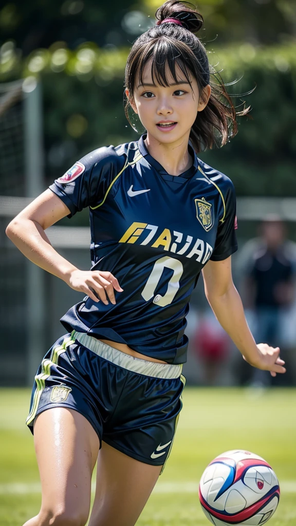 Highest quality, High resolution:1.2, Super detailed, Realistic:1.3, ((Beautiful woman))、Big Breasts、Vibrant colors, play soccer,((blunt bangs))、Has bangs、Wet Hair, Concentration, Splash, Action Shots, Grass blotches, Muddy ground, Wet turf, Decide, Fast-paced games, Athletic physique, Shiny soccer ball, Wet Uniform, raindrop, Blurred motion, Focus on the ball, Intense competition, Skillful dribbling, Energetic play, Teamwork, powerful shoots, Wet pitch, Passionate sports, Fierce Decide, Humid atmosphere, Fluid movement, emotional expression, Difficult conditions, Dramatic lighting, Women's Sports, Avid athletes, Exciting Games, endure, Excited state, Speed and agility, Energetic play, 濡れたSplash、smile、