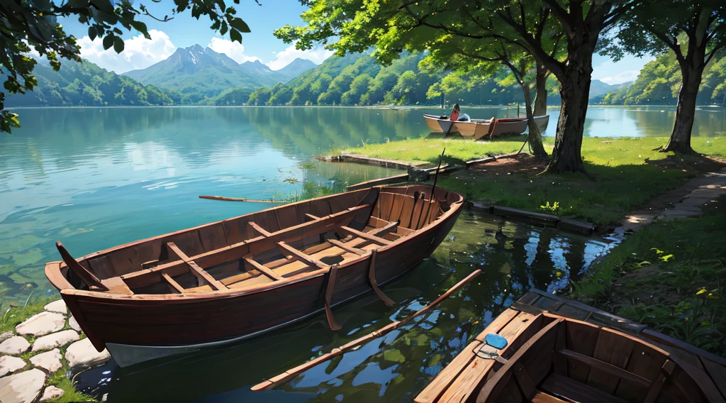 wall-paper, summer lake, lake, rowboat, Afternoon Sun, already, lake background, Depth of field, hot weather, HD detail, Brand d'wet water, hyperdetail, photo realist, 16K, Surrealism, smooth light, deep field focus bokeh, ray tracing, Diffuse (Ultra-thin glass reflection) e Surrealismoo. --v6