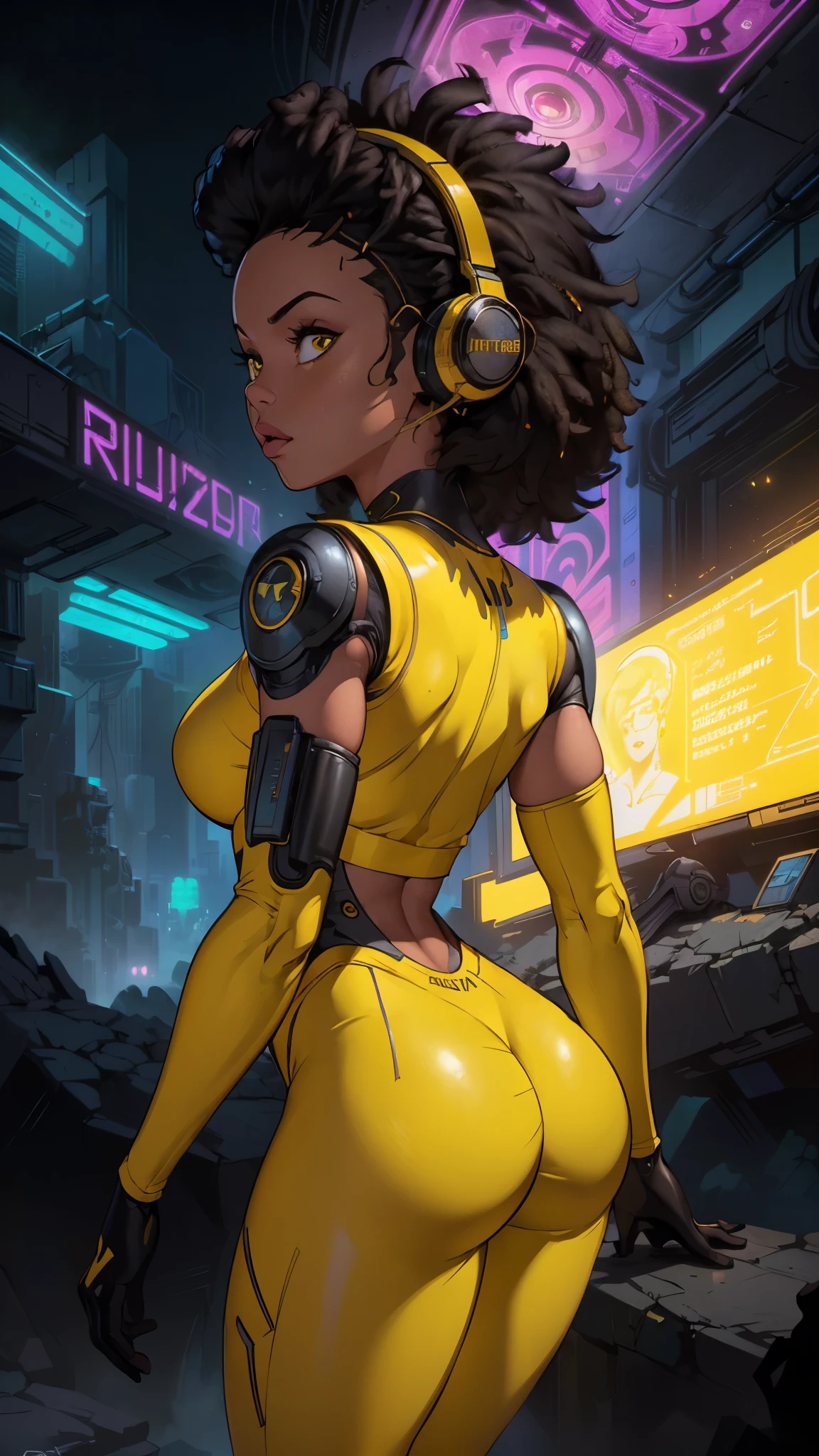 (rear view, backside view),(The best quality,A high resolution,Ultra - detailed,actual),Selena Gómez with headphones on and a (yellow outfit:1.4) , (afrofuturism style:1.4) , afrofuturism, rossdraws | afrofuturism, Beeple. hyperrealism, (style hybrid mix of Beeple:1.4) , cinematic Beeple, realism | Beeple, afrofuturistic, Beeple daily art, cyberpunk art ultrarealistic 8k, cyberpunk vibrant colors,(Selena Gómez :1.4), (cinematic lighting :1.4), (perfect anatomy :1.4), ,(Fondo de ruinas de mazmorra en ruinas cyberpunk :1.4 ), (pose dinámica vaquero), (face detailed Selena Gómez :1.4), (Five Fingers, Four fingers and thumb),(cyborg yellow mecánica transparente plastic :1.4), ,(Fondo de ruinas de mazmorra en ruinas:1.4 ), (cabello afro rizado negro :1.4), (tiene un hermoso culo), (culo perfecto),( nsfw:1.4 ),(nsfw V2.1), (pose vaquero) 