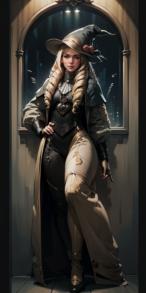 (4k, ultra high resolution, Prominence in Masterpiece, High Quality, Best Quality: 1.2) full body, 1 female, solo, 1girl, 1woman, lustful smirking smile blush, looking at viewer, sitting, blonde hair, long hair, (black jacket), beautiful and detailed face, detailed eyes, looking at the viewer (grey theme) close jacket (aesthetic clothing) hands on hips, wide hips, blonde long hair, blonde drill hair, blonde twin drills hair, blue wizard hat, Handcuffs on their hands, With a collar around the neck