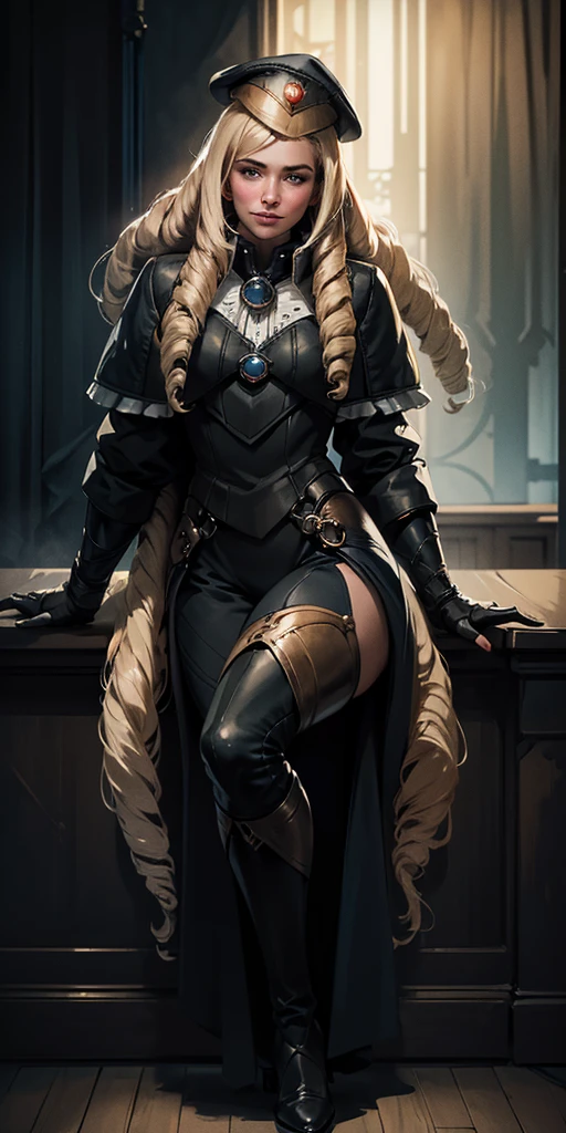 (4k, ultra high resolution, Prominence in Masterpiece, High Quality, Best Quality: 1.2) full body, 1 female, solo, 1girl, 1woman, lustful smirking smile blush, looking at viewer, sitting, blonde hair, long hair, (black jacket), beautiful and detailed face, detailed eyes, looking at the viewer (grey theme) close jacket (aesthetic clothing) hands on hips, wide hips, blonde long hair, blonde drill hair, blonde twin drills hair, blue wizard hat, Handcuffs on their hands, With a collar around the neck