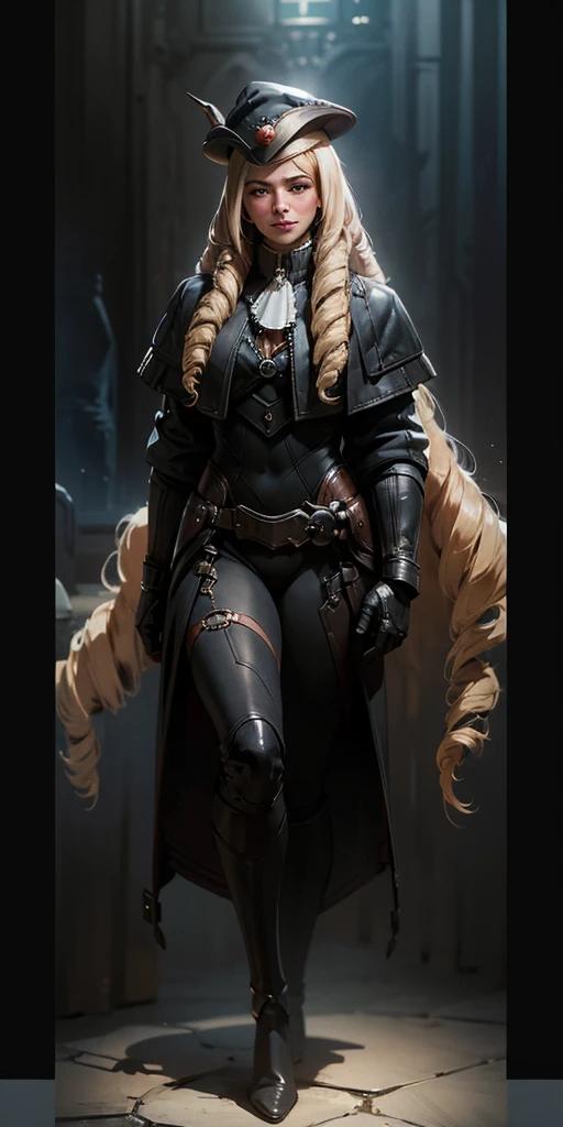 (4k, ultra high resolution, Prominence in Masterpiece, High Quality, Best Quality: 1.2) full body, 1 female, solo, 1girl, 1woman, lustful smirking smile blush, looking at viewer, sitting, blonde hair, long hair, (black jacket), beautiful and detailed face, detailed eyes, looking at the viewer (grey theme) close jacket (aesthetic clothing) hands on hips, wide hips, blonde long hair, blonde drill hair, blonde twin drills hair, blue wizard hat, Handcuffs on their hands, With a collar around the neck