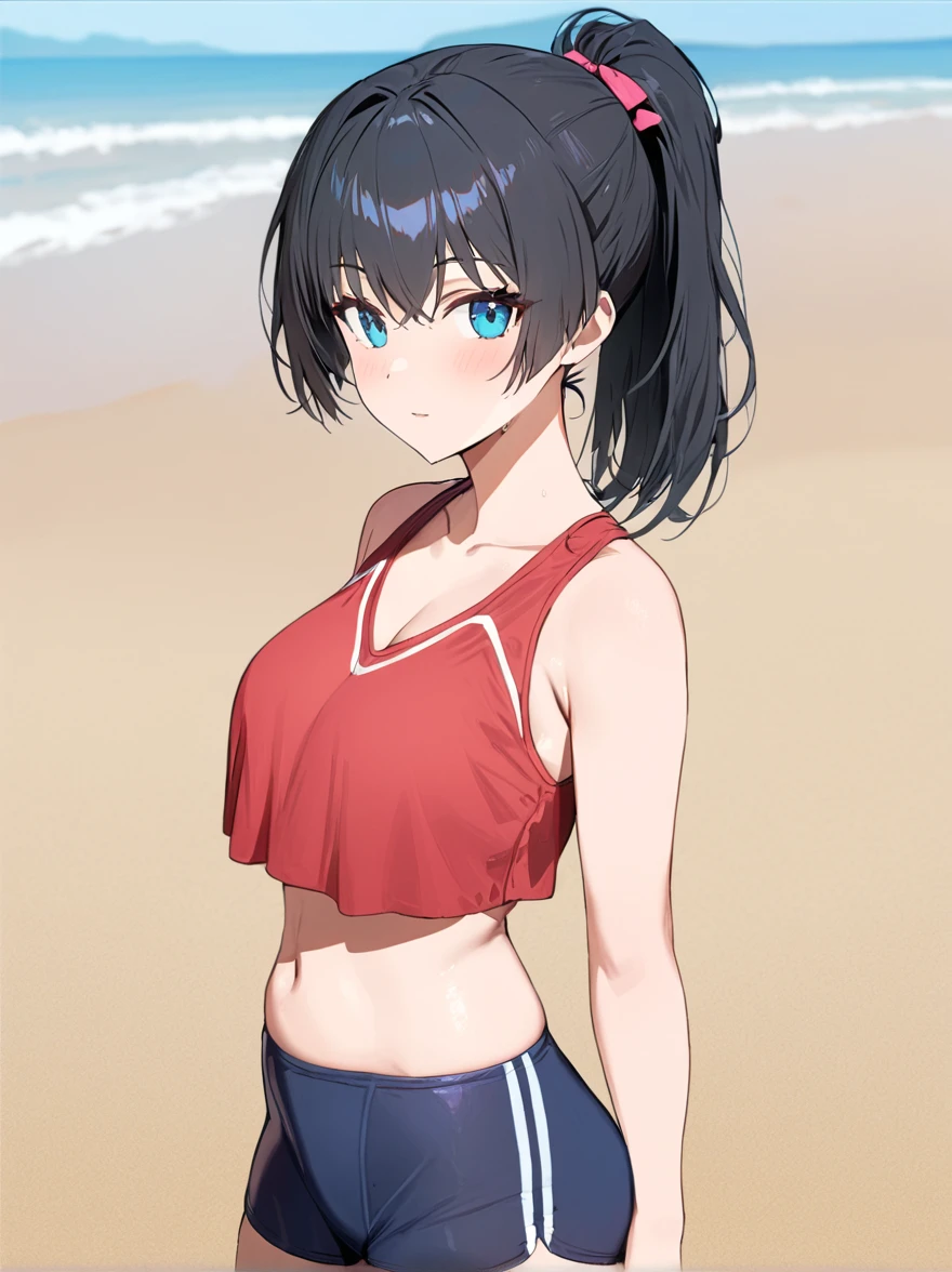 
akumu, ,(One girl), Are standing, swimshorts, At the Beach, Black Hair, ponytail, Blue ribbon,short hair, blue eyes, pink_bow, masterpiece, expensive quality, very_expensive_solve, big_file size, フルカラーmasterpiece, Highest quality, Super detailed, cowboy_shot 