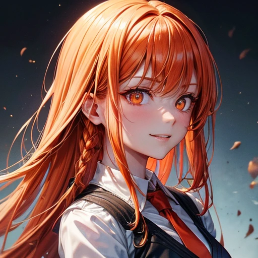 hand (Chainsaw Man), Highest quality, Super detailed, One girl, alone, Are standing, Redhead, Long braided hair, Golden Eyes, bangs, Medium chest, White shirt, tie, stare, smile, (evil:1.2), View your viewers, (interview:1.3), (Dark Background), From below, Crisp contrast , Gorgeous fine details, concentrated , Close-up shot , Orange glowing eyes,Front view　Making a set meal