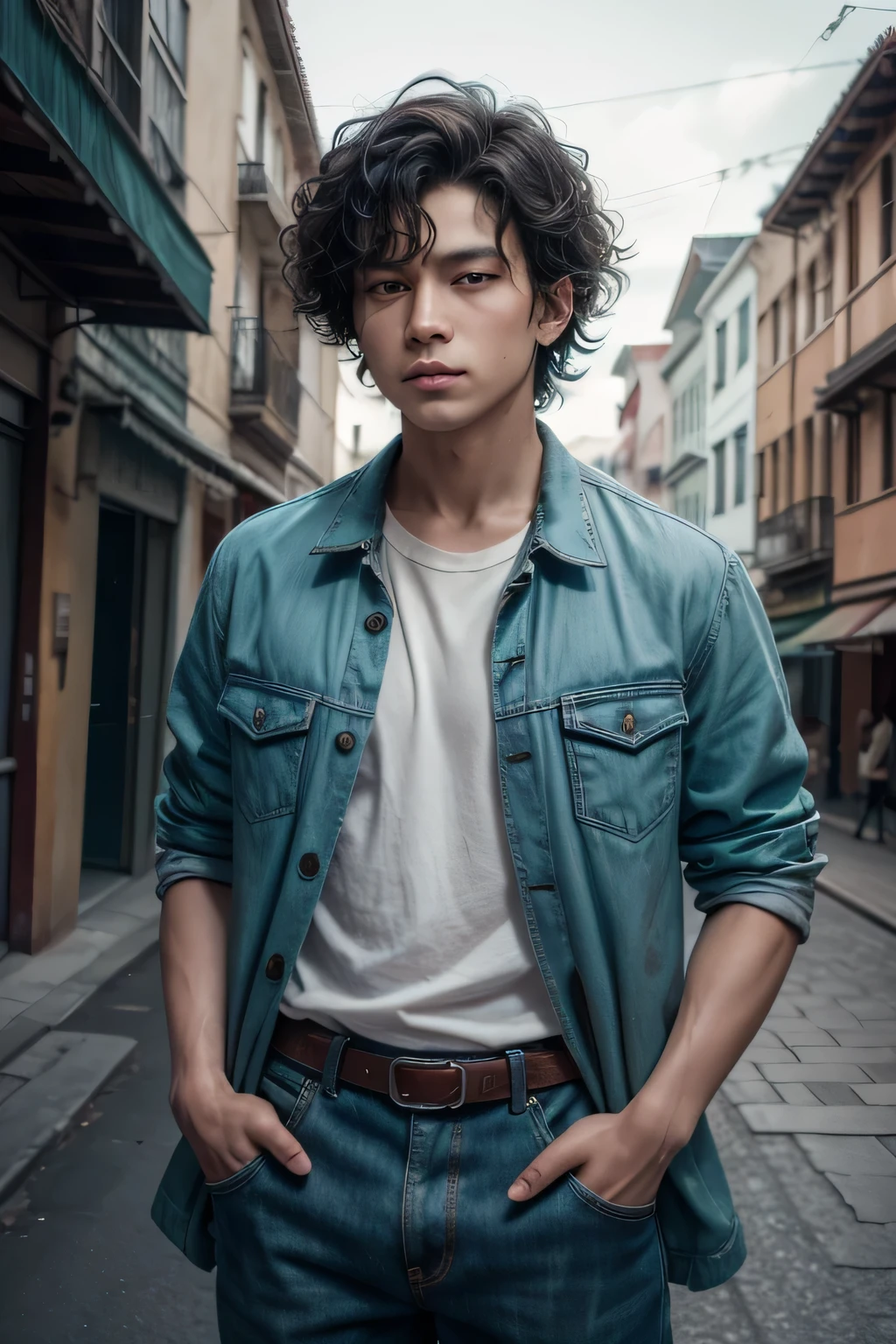 8K, work of art, best qualityer, realisitic, highy detailed, cowboy shot, ung boy, standing alone, Souya Kawata, short man, small building, skin fair, bright turquoise voluminous curly hair, turquoise eyes glowing eyes, two silver earrings on the right earlobe, snarl, highlighted veins, ful dressed, Mediovale, monge, ful dressed, Mediovale, monge,