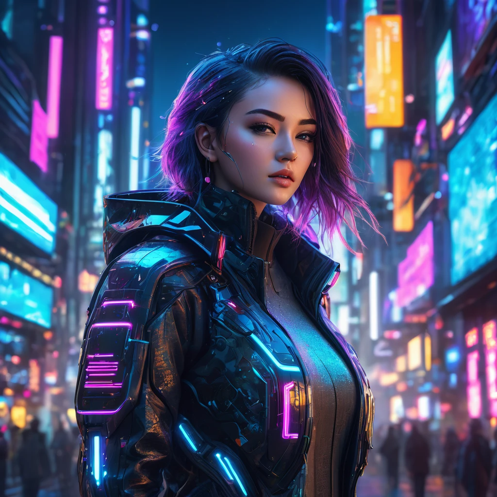 a beautiful digital girl, intricate cyberpunk cityscape, neon city lights, cinematic lighting, futuristic architecture, high tech environment, glowing holographic interface, complex data visualization, abstract digital patterns, 4k, 8k, highres, masterpiece:1.2, ultra-detailed, realistic, photorealistic, photo-realistic:1.37, HDR, UHD, studio lighting, ultra-fine painting, sharp focus, physically-based rendering, extreme detail description, professional, vivid colors, bokeh, concept art