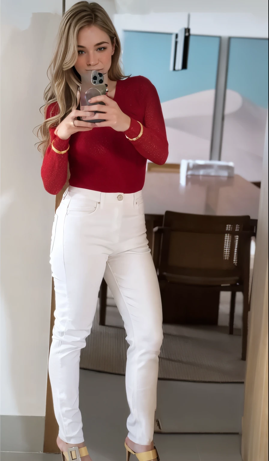 a one woman, americana, age 25, pale skin and freckles, grey-eyed, delicate nose, soft and delicate lips, distant, distant, wavy, waist-length blonde hair, Sweet smile, face with delicate feminine facial features, Highly Rendering