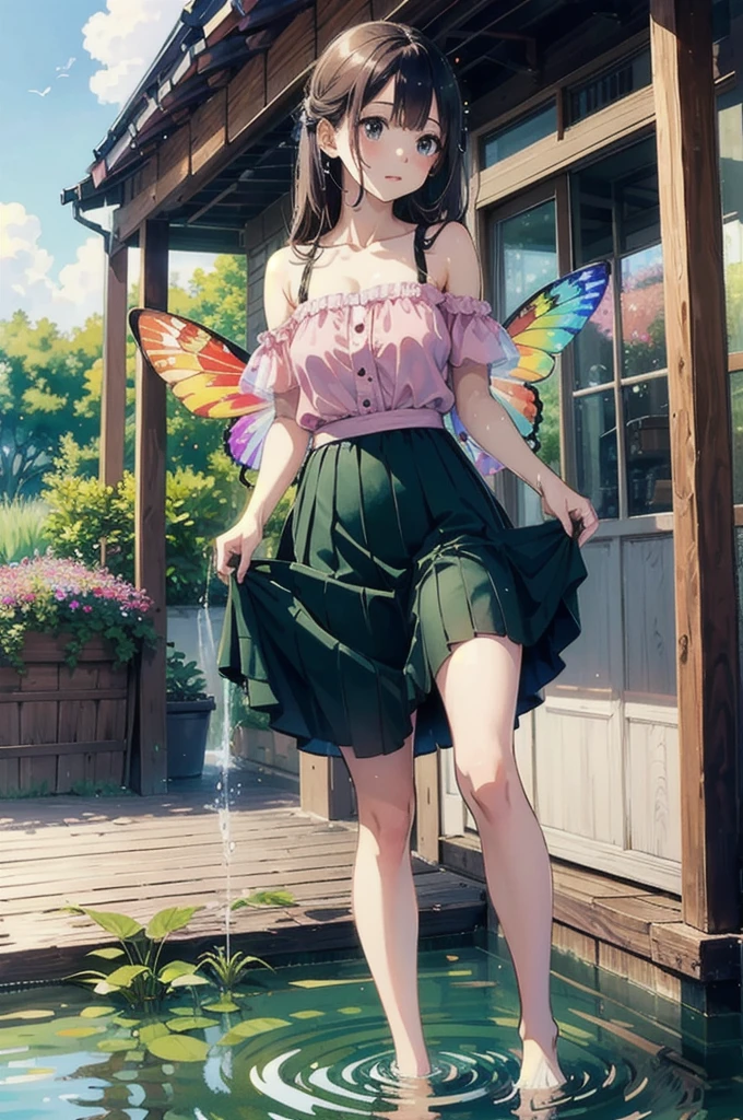 masterpiece, Highest quality, Absurd, figure, watercolor,One girl,Girl with butterfly wings, in water, alone, Long Hair, dress, Skirt Hold, panties, No sleeve, barefoot, Bare shoulders, Are standing, Outdoor, cloud, null, water, water splashes, rainbow,(tight dress:0.5),(green, red, pink, Flower Room) ((rainbow色ホログラフィック衣類:1.3))