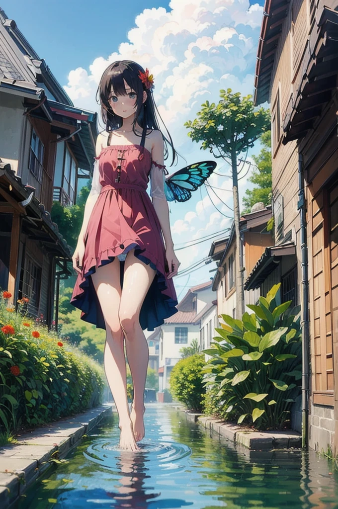 masterpiece, Highest quality, Absurd, figure, watercolor,One girl,Girl with butterfly wings, in water, alone, Long Hair, dress, Skirt Hold, panties, No sleeve, barefoot, Bare shoulders, Are standing, Outdoor, cloud, null, water, water splashes, rainbow,(tight dress:0.5),(green, red, pink, Flower Room) ((rainbow色ホログラフィック衣類:1.3)) 