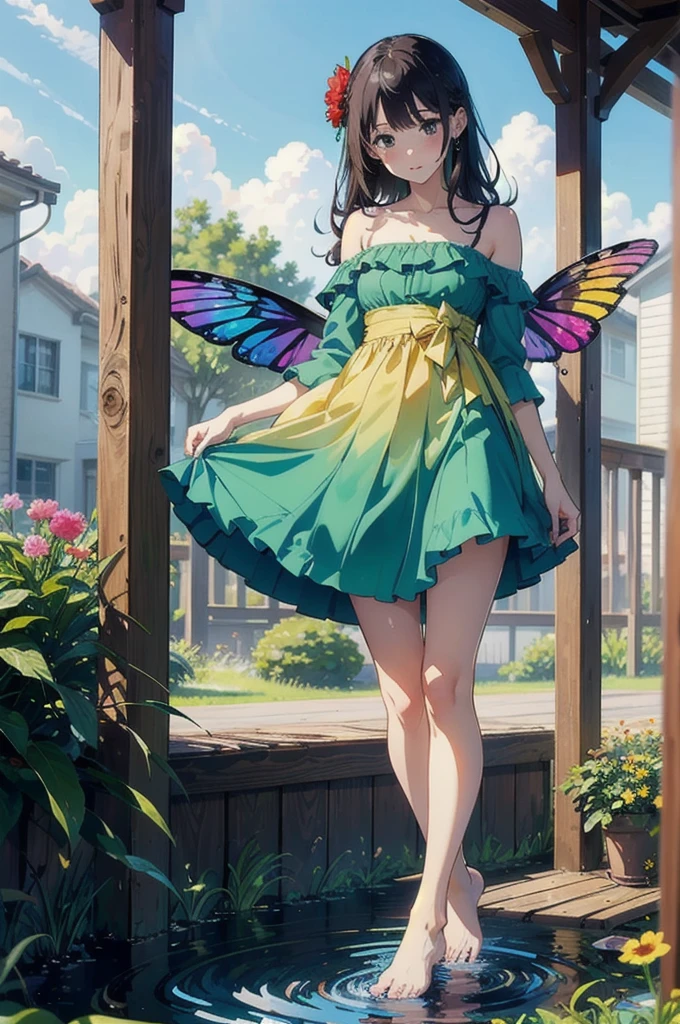 masterpiece, Highest quality, Absurd, figure, watercolor,One girl,Girl with butterfly wings, in water, alone, Long Hair, dress, Skirt Hold, panties, No sleeve, barefoot, Bare shoulders, Are standing, Outdoor, cloud, null, water, water splashes, rainbow,(tight dress:0.5),(green, red, pink, Flower Room) ((rainbow色ホログラフィック衣類:1.3)) 