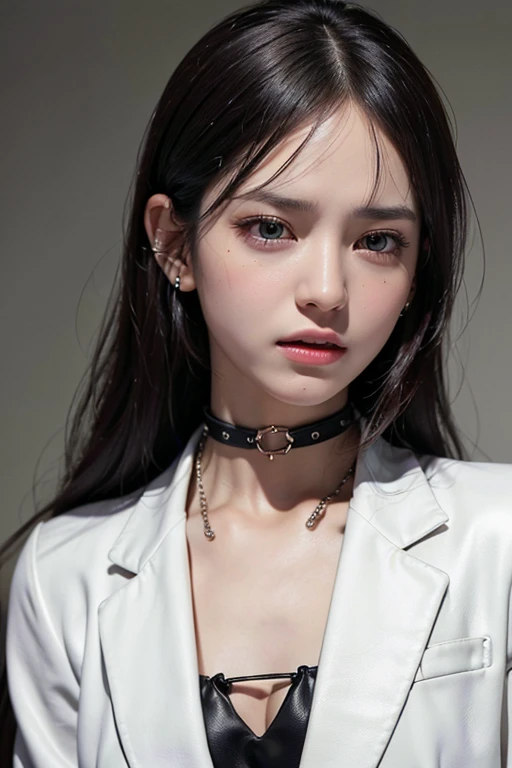 (8K, Highest quality, masterpiece:1,2), (Realistic, Photorealistic:1.37), Super detailed, One Girl, (Very detailed), (Beautiful and detailed eyes), (Highest quality), (Very detailed), (masterpiece), (Detailed face), 20-year-old, 1 Girl, ((Black Hair, long hair)), Medium chest, Dressed, Perfect lighting, (Formal jacket:1.2), Dark, Slim silhouette, Functional and hard details, Slim design, (Black Leather Choker:1.2), Stud and chain accessories, fold your bangs to the left, Hidden behind the right ear, Messy, (Expressions of fear and regret:1.2), Watery eye, Half-open mouth, Lower the chin, tilt one's head, Tie your hands behind your back, Proudly, West Inn, Legs closed, Arched body, (casino:1.2), Metal shelves and boxes behind, Chains and tools on a shelf, Dirty concrete floor, (Spotlight:1.2) On top of that, White and bright, Strong contrast of light and shadow on skin and clothing, Dark and blurry background