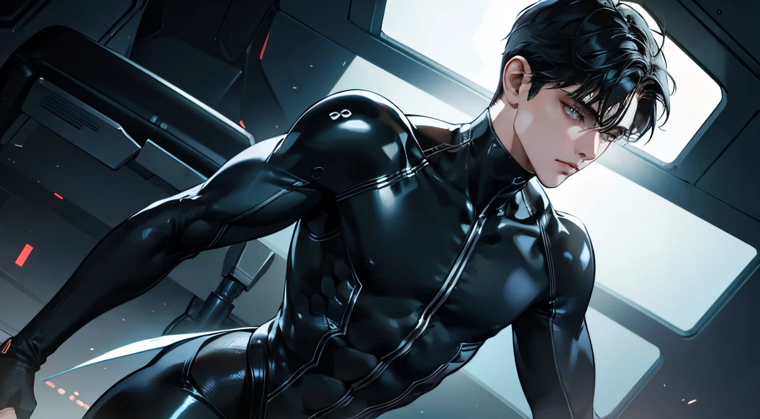 (masterpiece,high resolution,ultra - detailed:1.0),1(boy,robot boy),Perfect male body,Look at the camera,Delicate eyes and delicate face,Extremely detailed CG,Unity 8k wallpaper,Complicated details,solo person,Detailed face, (black futuristic skin tight body suit), (futuristic), (toned body with bulge) color difference, Depth of field,dramatic shadow,Ray tracing,Best quality, hands visible, black gloves,black hair