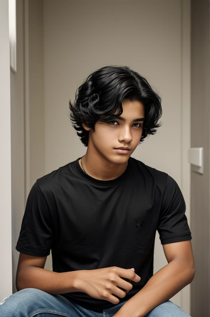 A male with short wavy and tousled black hair. He doesn't have a beard, She has brown eyes and wears glasses and has thin but full lips in which she smiles showing her perfect teeth.. He wears a white t-shirt and on top of that he wears a red square shirt where the sleeves are torn at shoulder height.
