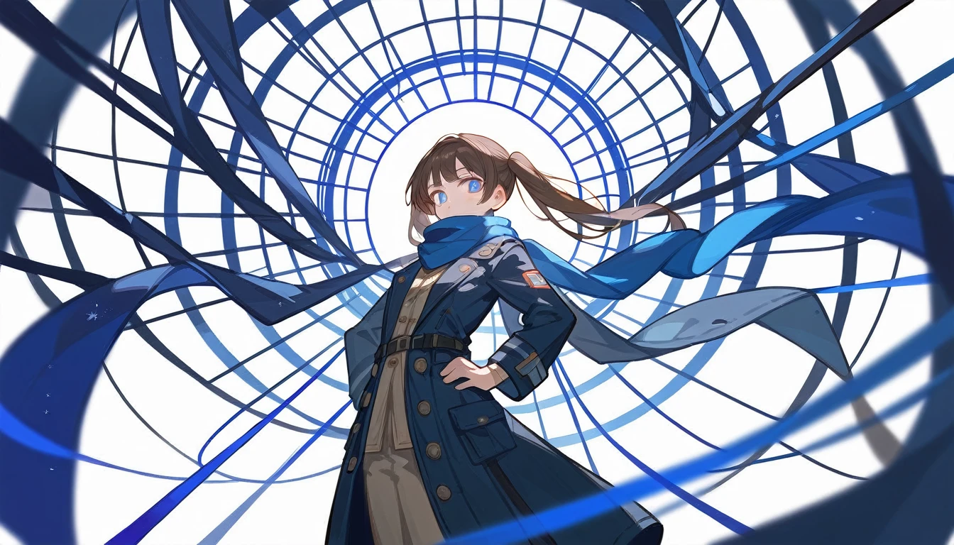 8K, best quality, masterpiece, (ultra-detailed:1.1), (high detailed skin),white background, standing, looking at viewer, 独奏, hand on hip, 
fll, twintails, 1girl，Brown long hair，Blue Eyes，1 little girl，Short height，Dark blue trench coat，Flowing scarf，avatar，blur background，（（Brown hair），（（（individual））），Background starlight，Background of wires，The bright blue magic in my hand is beautifully lit，Character edge light and shadow，Super photography，Superb atmosphere
( good hands, nice hands:0.5), 
(beautiful_face), ((intricate_detail)), clear face, 
((finely_detailed)), fine_fabric_emphasis, 