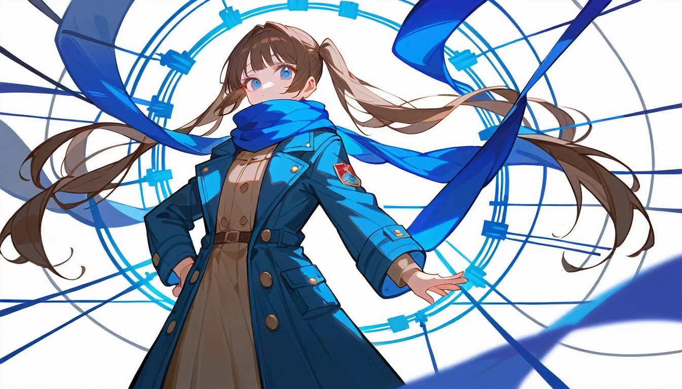 8K, best quality, masterpiece, (ultra-detailed:1.1), (high detailed skin),white background, standing, looking at viewer, 独奏, hand on hip,
fll, twintails, 1girl,Brown long hair,Blue Eyes,1 girl,Short height,Dark blue trench coat,Flowing scarf,avatar,blur background,((Brown hair),(((individual))),Background starlight,Background of wires,The bright blue magic in my hand is beautifully lit,Character edge light and shadow,Super photography,Superb atmosphere
( good hands, nice hands:0.5),
(beautiful_face), ((intricate_detail)), clear face,
((finely_detailed)), fine_fabric_emphasis,