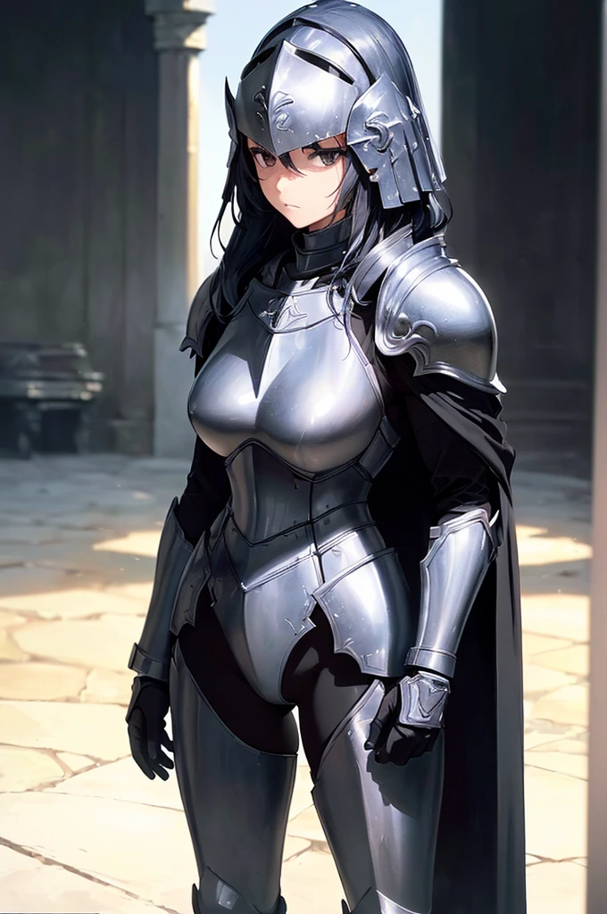 (masterpiece; best quality: 1.2), ((full armored knight woman)), ((solo)), (black eyes: 1.4), (body; toned, strong, femenine: 1.3), (beautiful and clear background: 1.2), ((depth of field)), (equipment: full plate full-black realistic armor + closed helmet with plume + black cape: 1.3), (anime illustration: 1.2), (background composition; garden exterior + furniture: 1.1), (extremely fine and beautiful: 1.1), (shot composition; standing + centered on torso + close-up: 1.5)