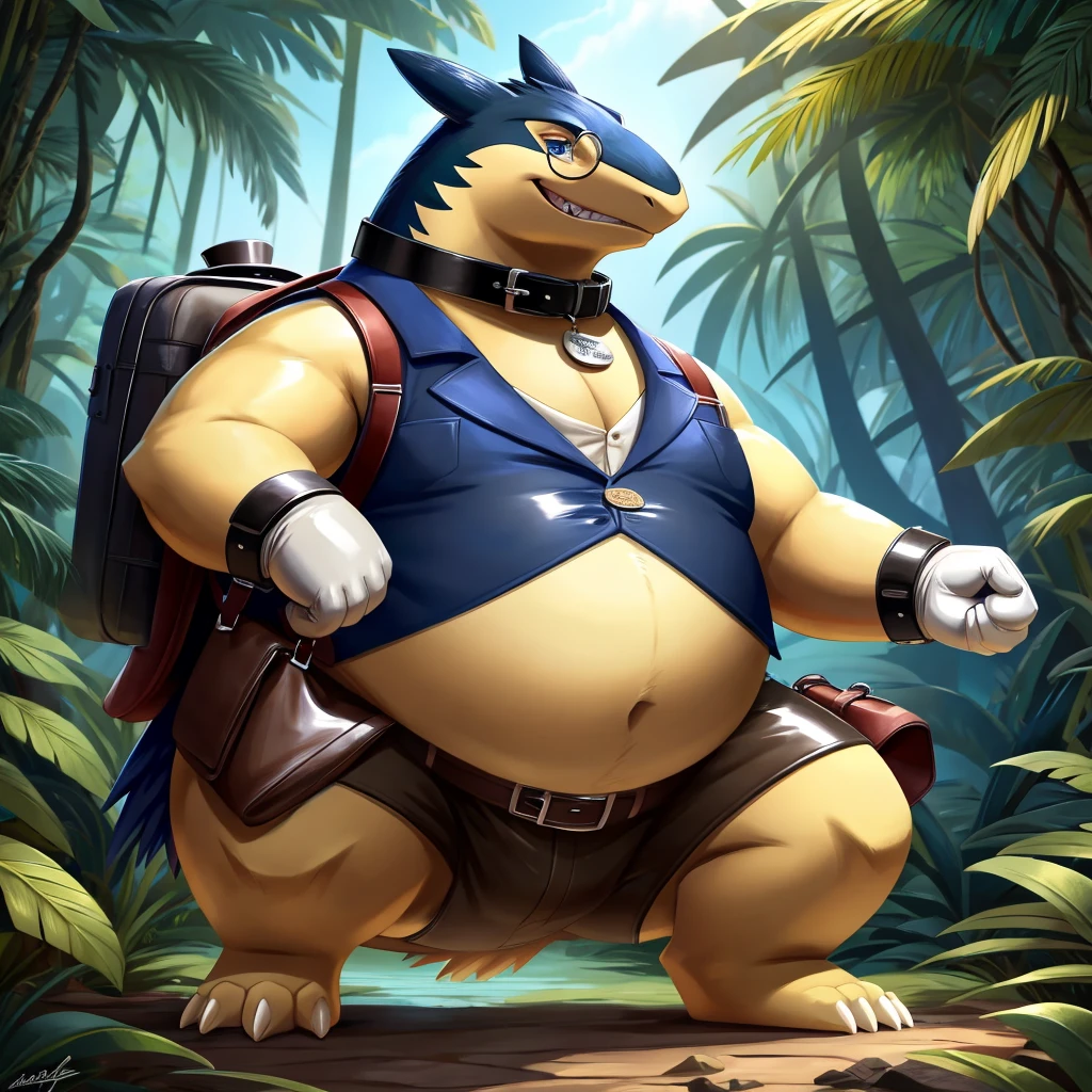 Solo, Male, fat, squatting, extremely obese, gentleman, dapper Professor Typhlosion, blue eyes, (soft shading), 4k, hi res, ((detailed face, detailed)), looking at viewer, evil grin, jungle, forest, collared shirt with buttons, top hat, male focus, Explorer Outfit, glasses, monocle, bag, vest with buttons, backpack, sleeves rolled up, round eyewear, brown headwear, brown vest, Typhlosion is wearing a glossy leather dog collar around the neck, Typhlosion is wearing the leather collar and shirt and vest at the same time, Typhlosion is wearing glossy white rubber gloves on the hands, wearing white rubber gloves on the feet, Typhlosion is wearing glossy white cuffs around the wrists with cufflinks, gloves are rubber in texture, clenching teeth, clenching fists, leather collar is glossy and shiny with a lot of detail, Typhlosion is wearing gloves and cuffs and cufflinks at the same time, leather collar has a round dog-tag, leather collar is thick and detailed.