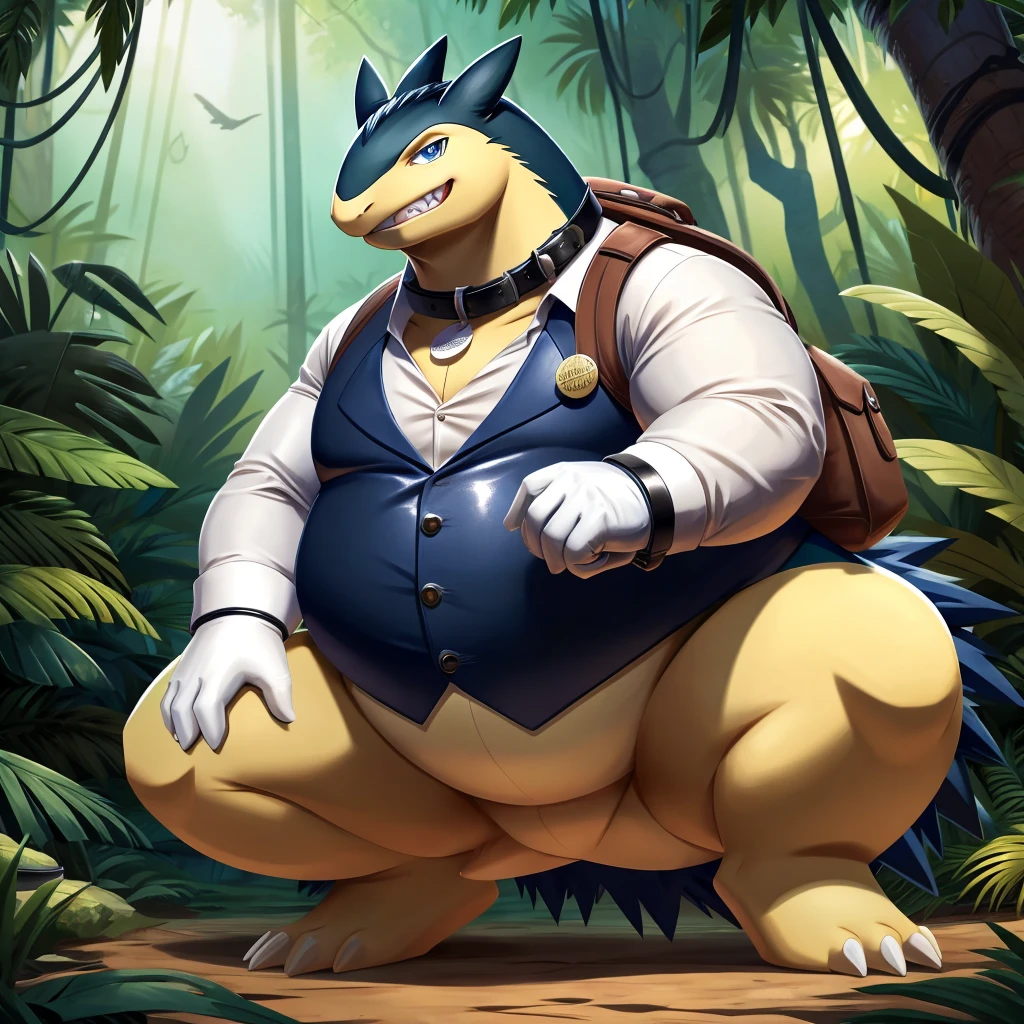 Solo, Male, fat, squatting, extremely obese, gentleman, dapper Professor Typhlosion, blue eyes, (soft shading), 4k, hi res, ((detailed face, detailed)), looking at viewer, evil grin, jungle, forest, collared shirt with ons, top hat, male focus, Explorer Outfit, glasses, monocle, bag, vest with butt backpack, sleeves rolled up, round eyewear, brown headwear, brown vest, Typhlosion is wearing a glossy leather dog collar around the neck, Typhlosion is wearing the leather collar and shirt and vest at the same time, Typhlosion is wearing glossy white rubber gloves on the hands, wearing white rubber gloves on the feet, Typhlosion is wearing glossy white cuffs around the wrists with cufflinks, gloves are rubber in texture, clenching teeth, clenching fists, leather collar is glossy and shiny with a lot of detail, Typhlosion is wearing gloves and cuffs and cufflinks at the same time, leather collar has a round dog-tag, leather collar is thick and detailed.