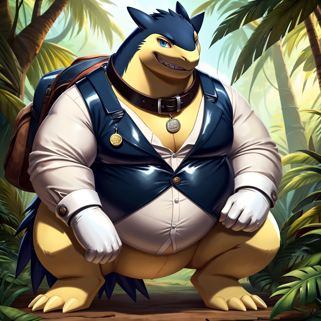 Solo, Male, fat, squatting, extremely obese, gentleman, dapper Professor Typhlosion, blue eyes, (soft shading), 4k, hi res, ((detailed face, detailed)), looking at viewer, evil grin, jungle, forest, collared shirt with buttons, top hat, male focus, Explorer Outfit, glasses, monocle, bag, vest with buttons, backpack, sleeves rolled up, round eyewear, brown headwear, brown vest, Typhlosion is wearing a glossy leather dog collar around the neck, Typhlosion is wearing the leather collar and shirt and vest at the same time, Typhlosion is wearing glossy white rubber gloves on the hands, wearing white rubber gloves on the feet, Typhlosion is wearing glossy white cuffs around the wrists with cufflinks, gloves are rubber in texture, clenching teeth, clenching fists, leather collar is glossy and shiny with a lot of detail, Typhlosion is wearing gloves and cuffs and cufflinks at the same time, leather collar has a round dog-tag, leather collar is thick and detailed.