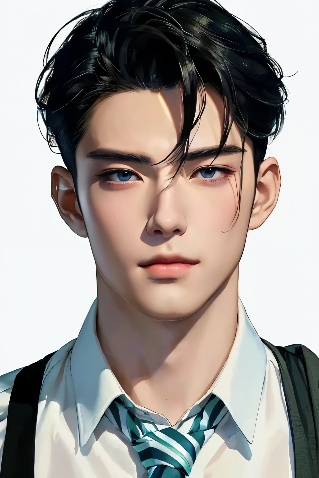 a closeup of a man with a tie and suspenders, handsome boy in Demon Slayer art, animated handsome man, anime portrait of a handsome man, delicate androgynous prince, beautiful androgynous prince, beautiful detailed face, digital anime illustration, inspired by Yanjun Cheng, Male anime style, artwork in the style of guweiz, detailed character portrait