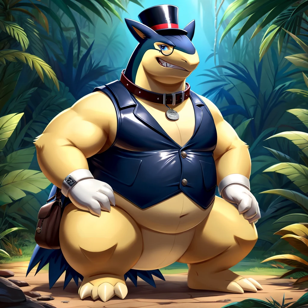 Solo, Male, fat, squatting, extremely obese, gentleman, dapper Professor Typhlosion, blue eyes, (soft shading), 4k, hi res, ((detailed face, detailed)), looking at viewer, evil grin, jungle, forest, collared shirt with buttons, top hat, male focus, Explorer Outfit, glasses, monocle, bag, vest with buttons, backpack, sleeves rolled up, round eyewear, brown headwear, brown vest, Typhlosion is wearing a glossy leather dog collar around the neck, Typhlosion is wearing the leather collar and shirt and vest at the same time, Typhlosion is wearing glossy white rubber gloves on the hands, wearing white rubber gloves on the feet, Typhlosion is wearing glossy white cuffs around the wrists with cufflinks, gloves are rubber in texture, clenching teeth, clenching fists, leather collar is glossy and shiny with a lot of detail, Typhlosion is wearing gloves and cuffs and cufflinks at the same time, leather collar has a round dog-tag, leather collar is thick and detailed.