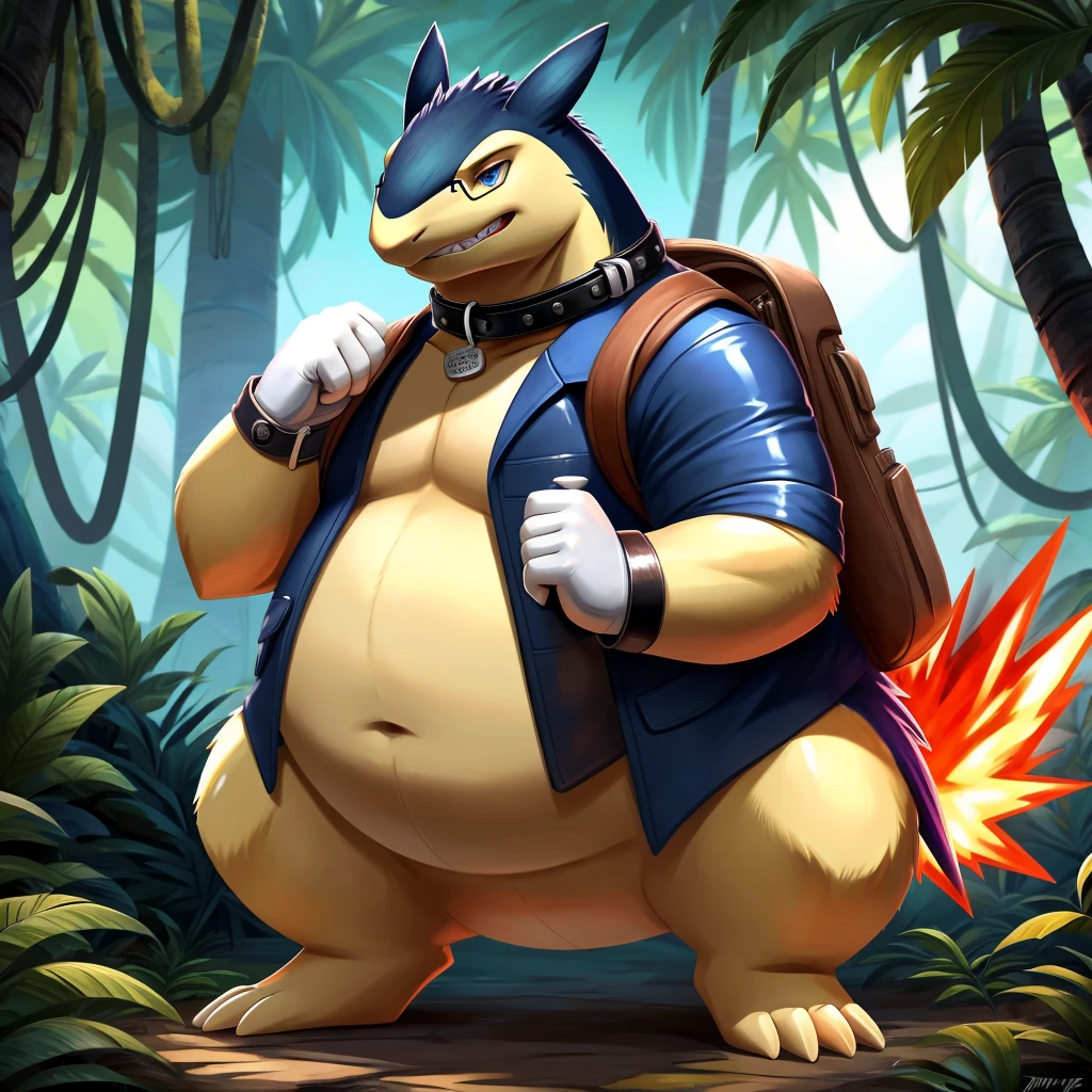 Solo, Male, fat, squatting, extremely obese, gentleman, dapper Professor Typhlosion, blue eyes, (soft shading), 4k, hi res, ((detailed face, detailed)), looking at viewer, evil grin, jungle, forest, collared shirt with buttons, top hat, male focus, Explorer Outfit, glasses, monocle, bag, vest with buttons, backpack, sleeves rolled up, round eyewear, brown headwear, brown vest, Typhlosion is wearing a glossy leather dog collar around the neck, Typhlosion is wearing the leather collar and shirt and vest at the same time, Typhlosion is wearing glossy white rubber gloves on the hands, wearing white rubber gloves on the feet, Typhlosion is wearing glossy white cuffs around the wrists with cufflinks, gloves are rubber in texture, clenching teeth, clenching fists, leather collar is glossy and shiny with a lot of detail, Typhlosion is wearing gloves and cuffs and cufflinks at the same time, leather collar has a round dog-tag, leather collar is thick and detailed.