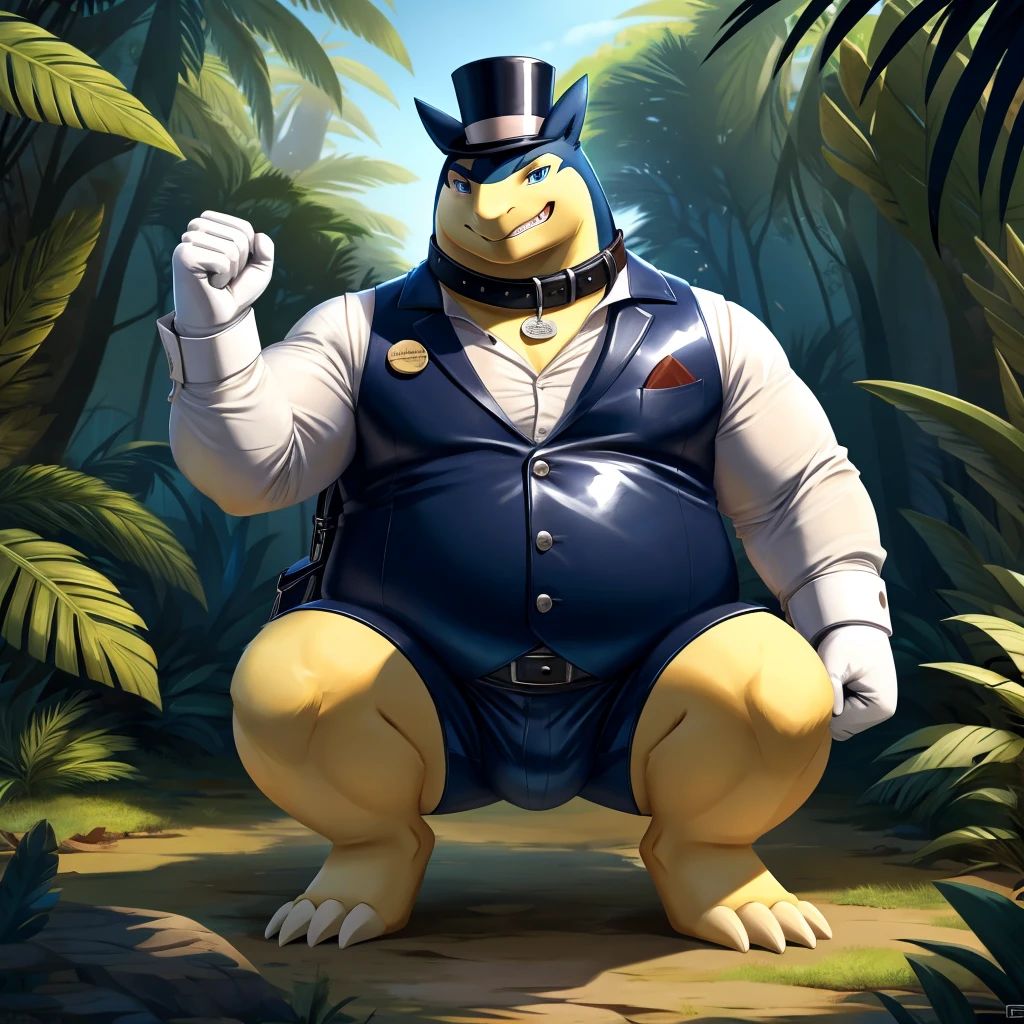 Male, fat, extremely obese, gentleman, Typhlosion with a large penis, ejaculating sperm from the penis, blue eyes, (posing:1.3), (soft shading), 4k, hi res, ((detailed face, detailed)), looking at viewer, evil grin, jungle, forest, shirt, top hat, male focus, Explorer Outfit, monocle, bag, vest, backpack, sleeves rolled up, round eyewear, brown headwear, brown vest, Typhlosion is wearing a glossy leather dog collar around the neck, Typhlosion is wearing the leather collar and shirt and vest at the same time, Typhlosion is wearing glossy white rubber gloves on the hands, wearing white rubber gloves on the feet, gloves are rubber in texture, clenching teeth, clenching fists, leather collar is glossy and shiny with a lot of detail.