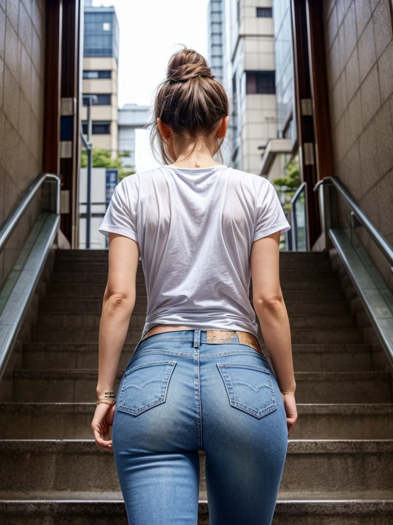 There is a woman dressed in blue jeans, White T-shirt, view from behind、Superior quality、realist、white pants, excellent face definition, green eyes, red hair up, going down the stairs of Tokyo station、walking, turned round butt