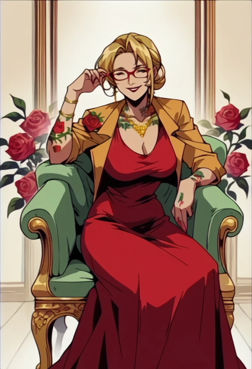 blonde hair woman, milf, red dress, several golden necklaces, golden small jacket, red glasses, sit in sofa, rose tattoo covering the entire body, thin chin, smile, roses tattoos, encorped body