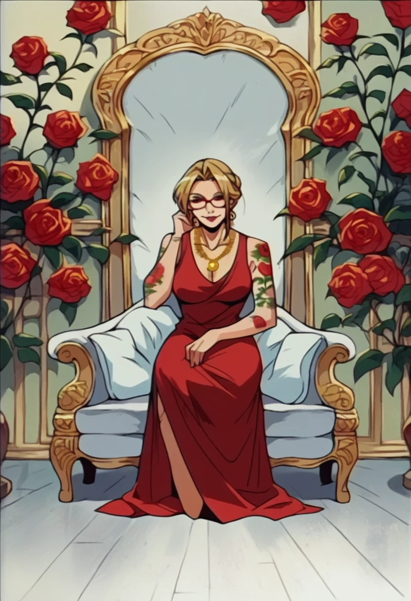 blonde hair woman, milf, red dress, several golden necklaces, golden small jacket, red glasses, sit in sofa, rose tattoo covering the entire body, thin chin, smile, roses tattoos, encorped body