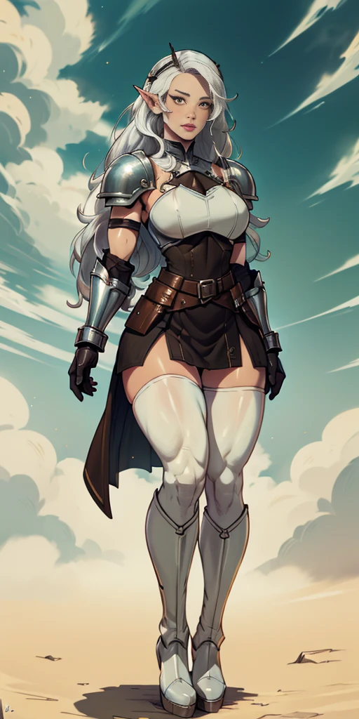 masterpiece, best quality, high quality, white SKIN elf, long hair, white hair, yellow eyes, full body, def_effie, blue breastplate, white skin, looking at viewer, shiny,armor, thighhighs, high boots,shoulder armor, faulds, poleyn, gloves, gauntlets