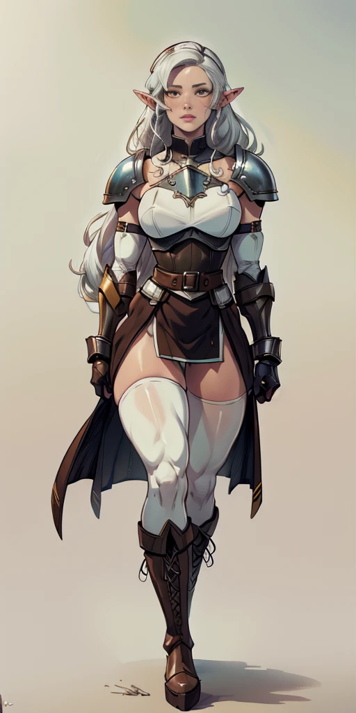 masterpiece, best quality, high quality, white SKIN elf, long hair, white hair, yellow eyes, full body, def_effie, blue breastplate, white skin, looking at viewer, shiny,armor, thighhighs, high boots,shoulder armor, faulds, poleyn, gloves, gauntlets