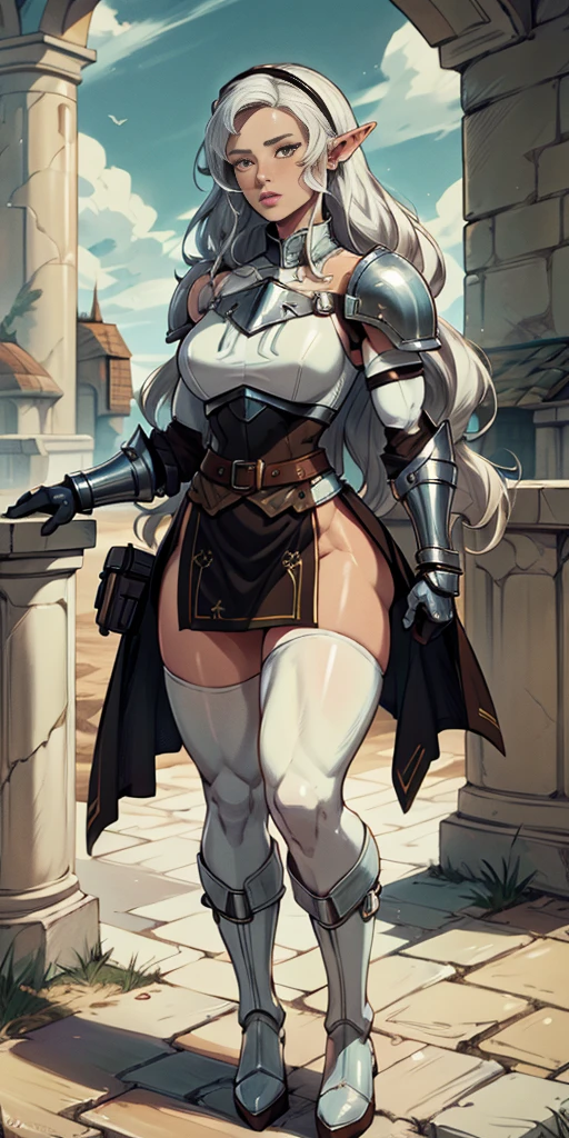 masterpiece, best quality, high quality, white SKIN elf, long hair, white hair, yellow eyes, full body, def_effie, blue breastplate, white skin, looking at viewer, shiny,armor, thighhighs, high boots,shoulder armor, faulds, poleyn, gloves, gauntlets